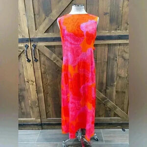 Vintage 60s Liberty House Orange & Pink Sleeveless Hawaiian Maxi Dress Size M